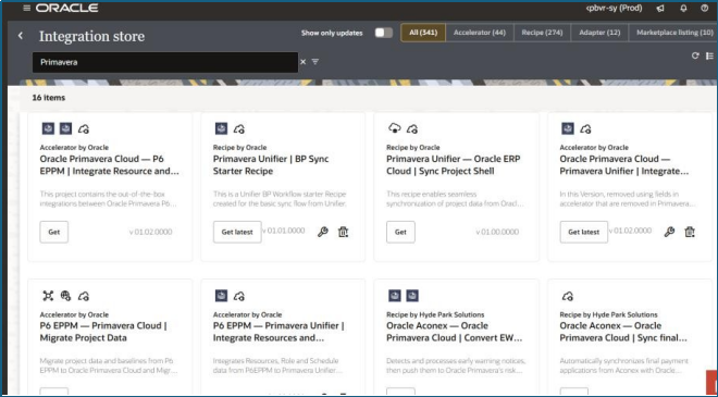 Oracle Integration Cloud Primavera Prebuilt Recipes and Accelerators in Integration Store