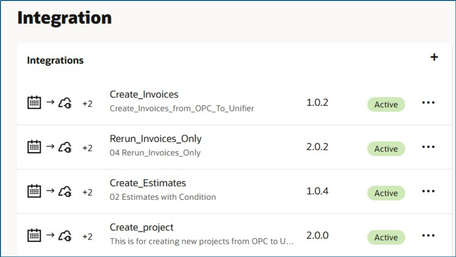 OIC Primavera Unifier OPC Active Integrations showing Create Invoices Estimates and Projects